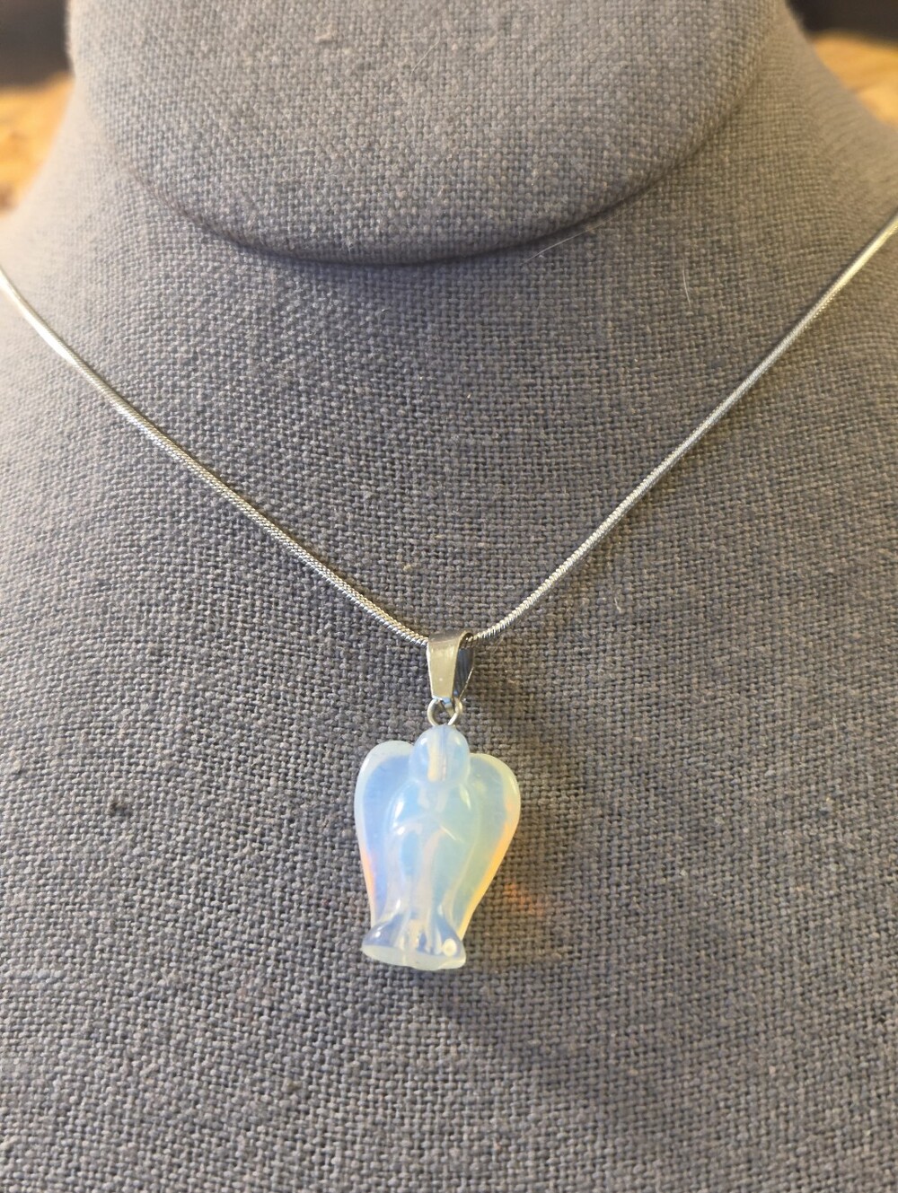 Opalite Angel Pendant Necklace - Iridescent White Glow - Sterling silver chain
